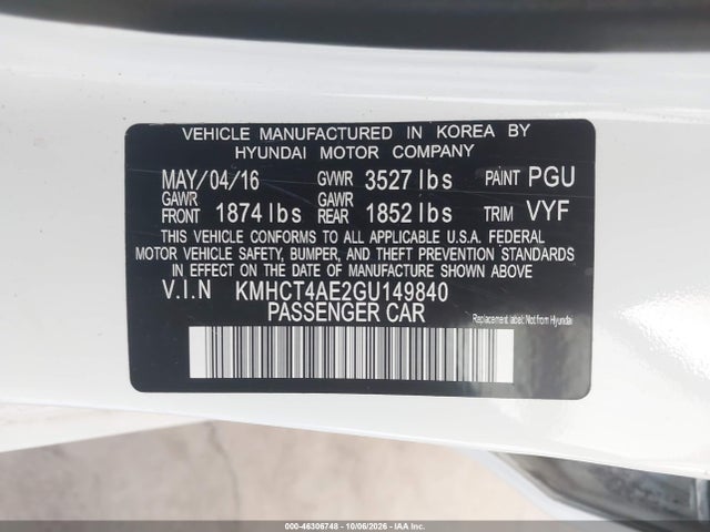 46306748 :رقم المزاد ، KMHCT4AE2GU149840 vin ، 2016 Hyundai Accent Se مزاد بيع