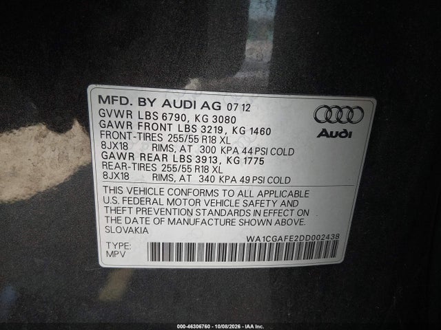 Aukcja sprzedaży 2013 Audi Q7 3.0t Premium, vin: WA1CGAFE2DD002438, numer aukcji: 46306760