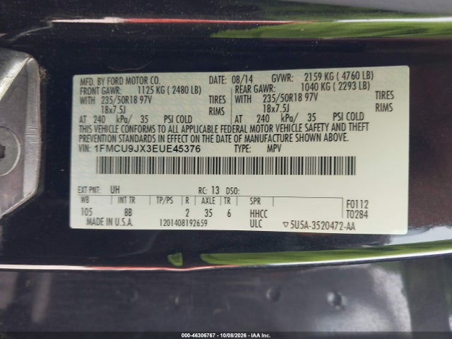 Продажа на аукционе авто 2014 Ford Escape Titanium, vin: 1FMCU9JX3EUE45376, номер лота: 46306767