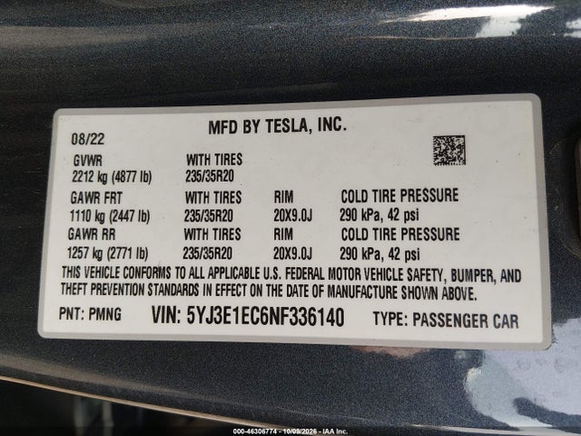 46306774 :رقم المزاد ، 5YJ3E1EC6NF336140 vin ، 2022 Tesla Model 3 Performance Dual Motor All-wheel Drive مزاد بيع