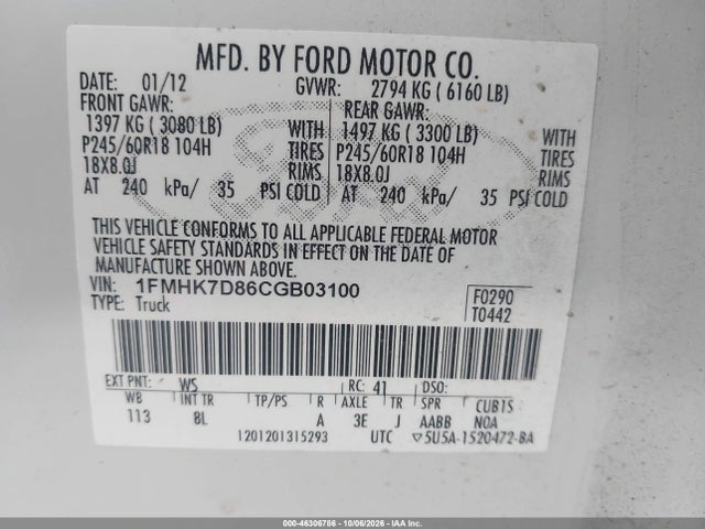 46306786 :رقم المزاد ، 1FMHK7D86CGB03100 vin ، 2012 Ford Explorer Xlt مزاد بيع