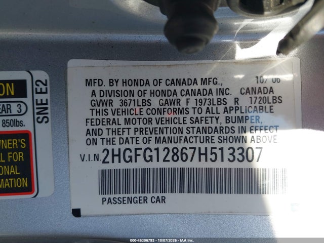Продаж на аукціоні авто 2007 Honda Civic Ex, vin: 2HGFG12867H513307, номер лоту: 46306793
