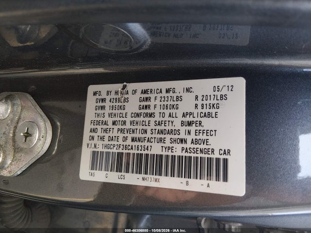 Продажа на аукционе авто 2012 Honda Accord 2.4 Lx, vin: 1HGCP2F36CA163547, номер лота: 46306880
