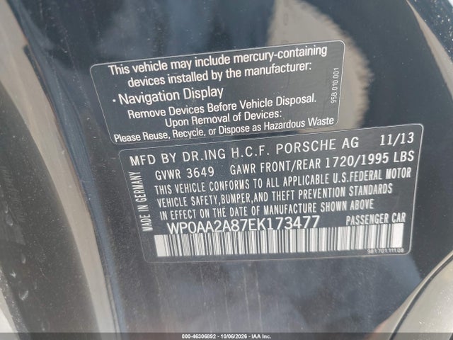 46306892 :رقم المزاد ، WP0AA2A87EK173477 vin ، 2014 Porsche Cayman مزاد بيع