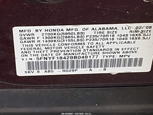Aukcja sprzedaży 2008 Honda Pilot Ex, vin: 5FNYF18248B049177, numer aukcji: 46306893