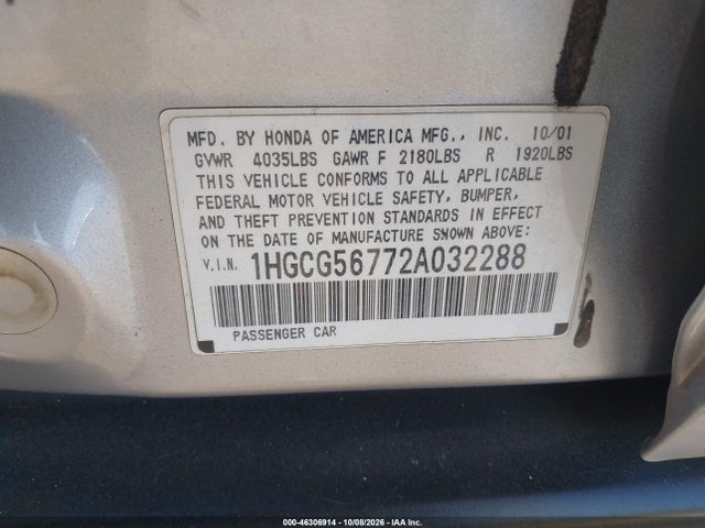 Aukcja sprzedaży 2002 Honda Accord 2.3 Se, vin: 1HGCG56772A032288, numer aukcji: 46306914