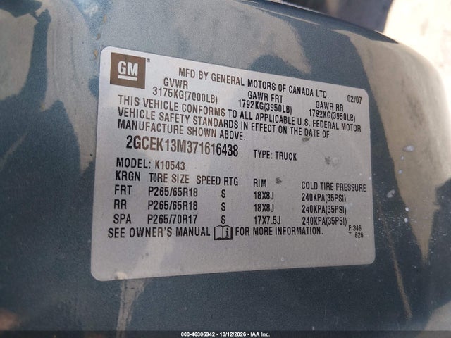 46306942 :رقم المزاد ، 2GCEK13M371616438 vin ، 2007 Chevrolet Silverado 1500 Lt1 مزاد بيع