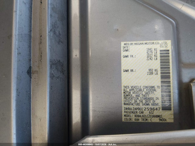 46306943 :رقم المزاد ، 1N4AL2AP0CC259647 vin ، 2012 Nissan Altima 2.5 S مزاد بيع