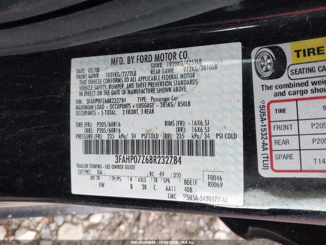 Продаж на аукціоні авто 2008 Ford Fusion Se, vin: 3FAHP07Z68R232784, номер лоту: 46306949