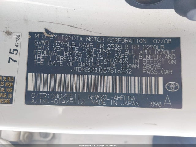 Aukcja sprzedaży 2008 Toyota Prius, vin: JTDKB20U687816232, numer aukcji: 46306950