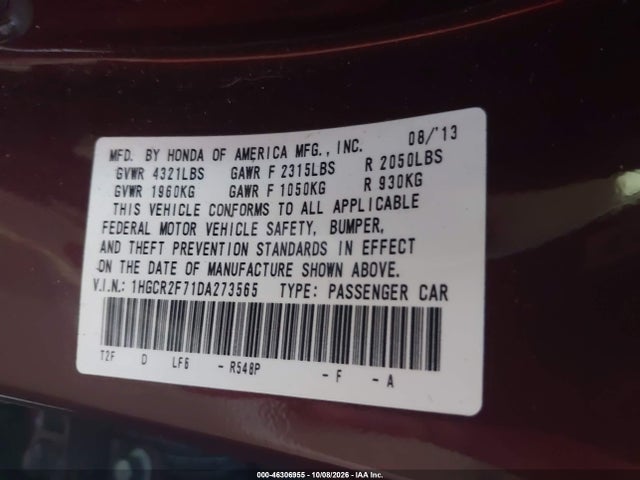 46306955 :رقم المزاد ، 1HGCR2F71DA273565 vin ، 2013 Honda Accord Ex مزاد بيع