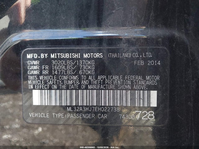 Продаж на аукціоні авто 2014 Mitsubishi Mirage De, vin: ML32A3HJ7EH022738, номер лоту: 46306965