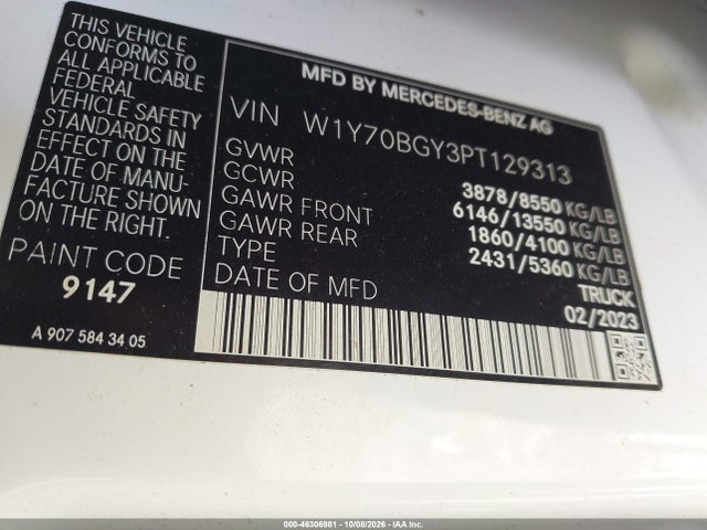 2023 Mercedes-benz Sprinter 1500 Standard Roof 4-cyl Gas მანქანა იყიდება აუქციონზე, vin: W1Y70BGY3PT129313, აუქციონის ნომერი: 46306981