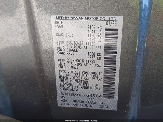 46306984 :رقم المزاد ، 5N1BT3BAXTC763584 vin ، 2026 Nissan Rogue Sv مزاد بيع