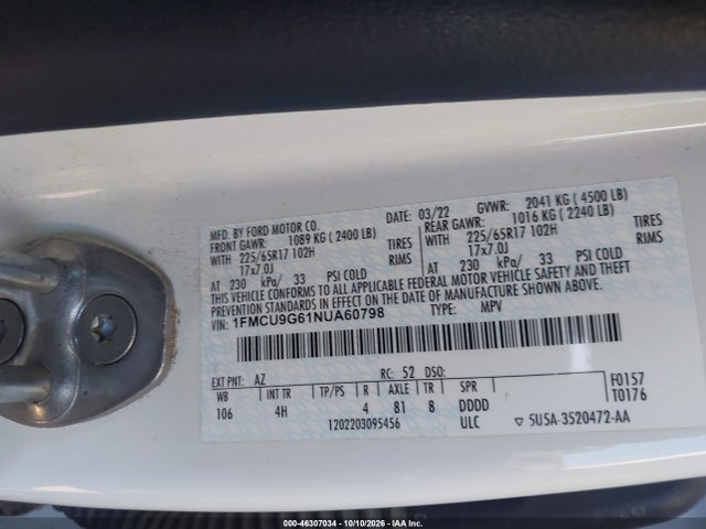 Aukcja sprzedaży 2022 Ford Escape Se, vin: 1FMCU9G61NUA60798, numer aukcji: 46307034