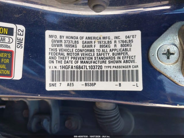 Продажа на аукционе авто 2007 Honda Civic Ex, vin: 1HGFA16847L103720, номер лота: 46307038