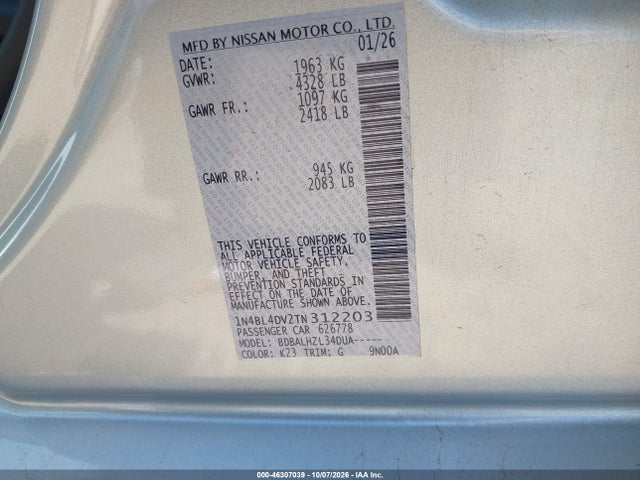 2026 Nissan Altima Sv Fwd მანქანა იყიდება აუქციონზე, vin: 1N4BL4DV2TN312203, აუქციონის ნომერი: 46307039