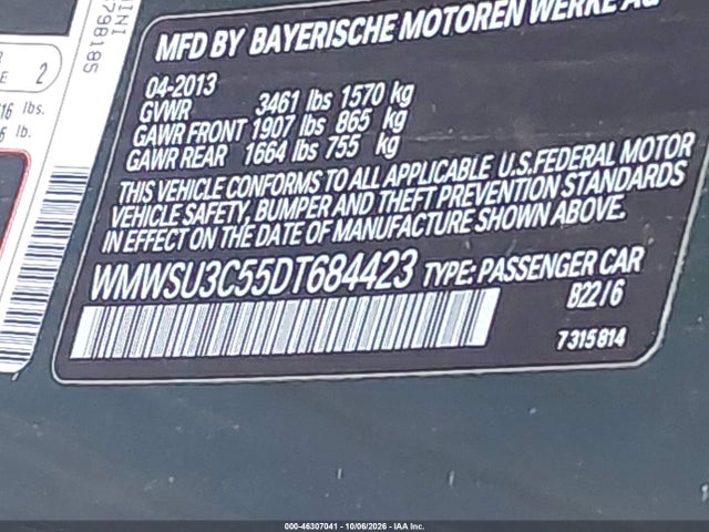 46307041 :رقم المزاد ، WMWSU3C55DT684423 vin ، 2013 Mini Hardtop Cooper مزاد بيع