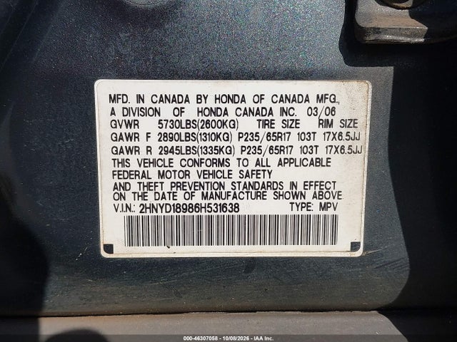 46307058 :رقم المزاد ، 2HNYD18986H531638 vin ، 2006 Acura Mdx مزاد بيع