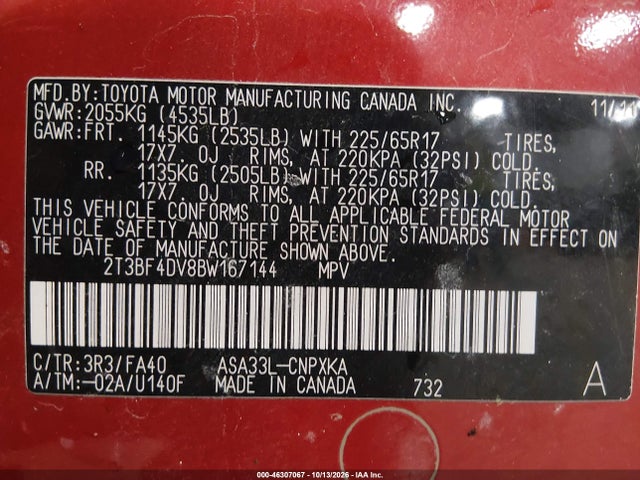 46307067 :رقم المزاد ، 2T3BF4DV8BW167144 vin ، 2011 Toyota Rav4 مزاد بيع