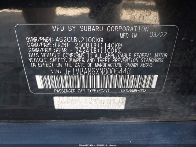 Auction sale of the 2022 Subaru Wrx Limited, vin: JF1VBAN6XN8005448, lot number: 46307088
