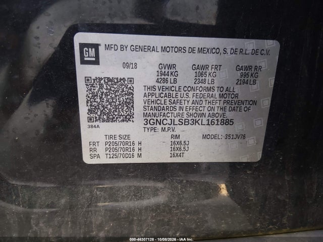 Aukcja sprzedaży 2019 Chevrolet Trax Lt, vin: 3GNCJLSB3KL161885, numer aukcji: 46307128