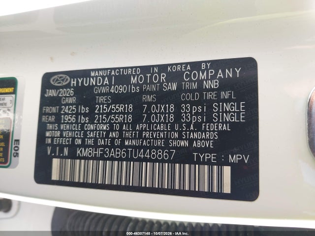 46307148 :رقم المزاد ، KM8HF3AB6TU448867 vin ، 2026 Hyundai Kona Sel Sport مزاد بيع