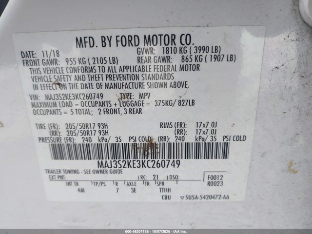 Продажа на аукционе авто 2019 Ford Ecosport Titanium, vin: MAJ3S2KE3KC260749, номер лота: 46307166