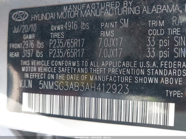 Продаж на аукціоні авто 2010 Hyundai Santa Fe Gls, vin: 5NMSG3AB3AH412923, номер лоту: 46307168