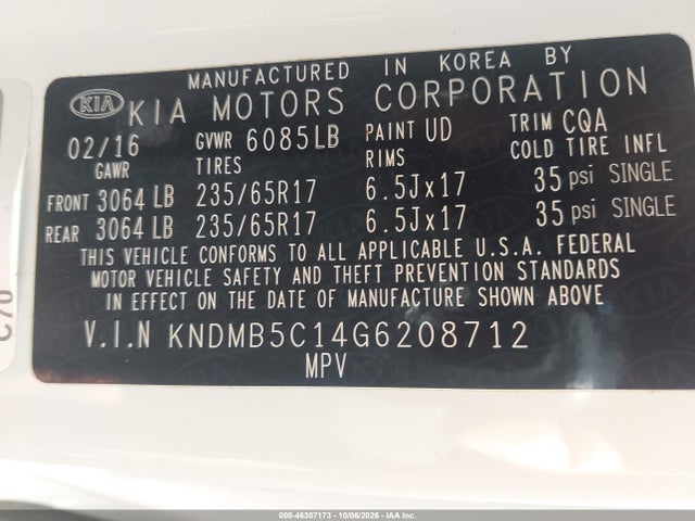46307173 :رقم المزاد ، KNDMB5C14G6208712 vin ، 2016 Kia Sedona Lx مزاد بيع