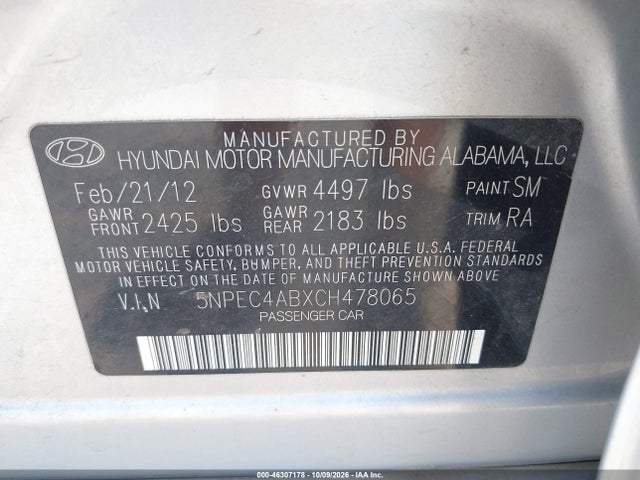 Продаж на аукціоні авто 2012 Hyundai Sonata Se 2.0t, vin: 5NPEC4ABXCH478065, номер лоту: 46307178