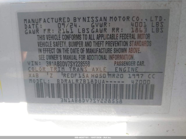 46307181 :رقم المزاد ، 3N1AB8DV7SY228558 vin ، 2025 Nissan Sentra Sr مزاد بيع