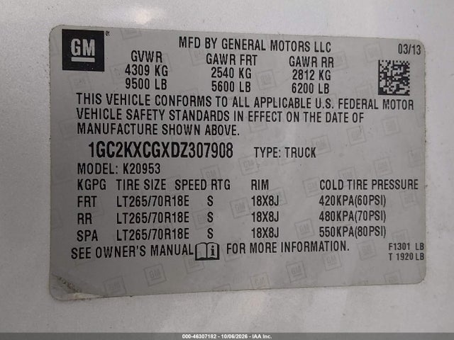 46307182 :رقم المزاد ، 1GC2KXCGXDZ307908 vin ، 2013 Chevrolet Silverado 2500hd Lt مزاد بيع