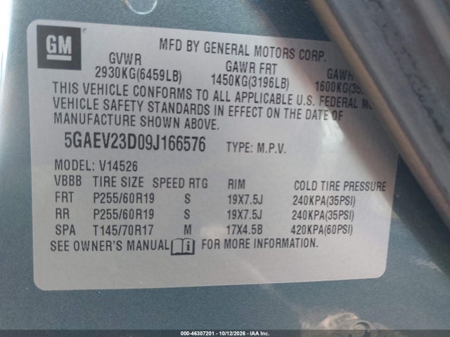 46307201 :رقم المزاد ، 5GAEV23D09J166576 vin ، 2009 Buick Enclave Cxl مزاد بيع