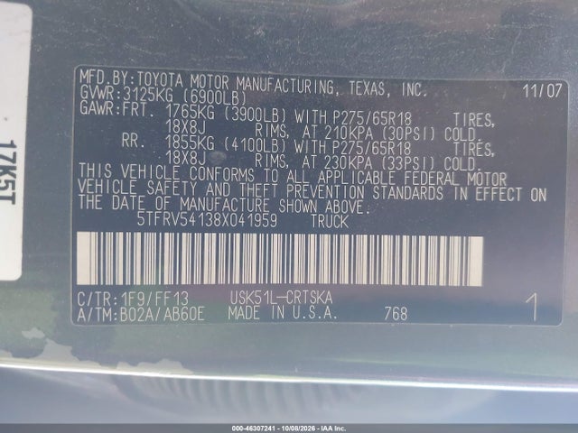 Продаж на аукціоні авто 2008 Toyota Tundra Sr5 5.7l V8, vin: 5TFRV54138X041959, номер лоту: 46307241