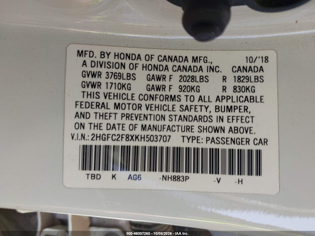 2019 Honda Civic Sport მანქანა იყიდება აუქციონზე, vin: 2HGFC2F8XKH503707, აუქციონის ნომერი: 46307265