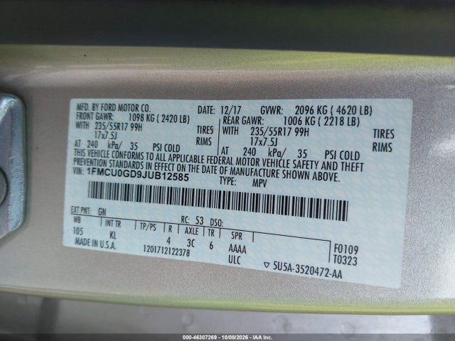 Продаж на аукціоні авто 2018 Ford Escape Se, vin: 1FMCU0GD9JUB12585, номер лоту: 46307269