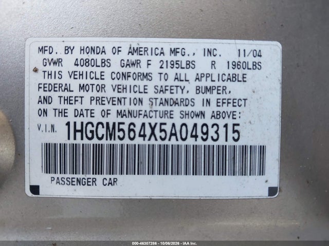 46307286 :رقم المزاد ، 1HGCM564X5A049315 vin ، 2005 Honda Accord 2.4 Lx مزاد بيع