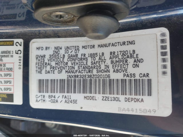 Продажа на аукционе авто 2008 Toyota Corolla Ce, vin: 1NXBR32E38Z020106, номер лота: 46307291