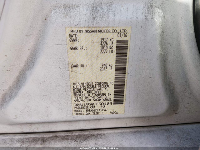 1N4AL3AP5GC150483 Nissan Altima 2.5/2.5 S/2.5 Sl/2.5 Sr/2.5 Sv