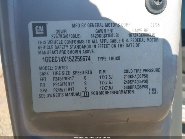46307323 :رقم المزاد ، 1GCEC14X15Z259674 vin ، 2005 Chevrolet Silverado 1500 Work Truck مزاد بيع
