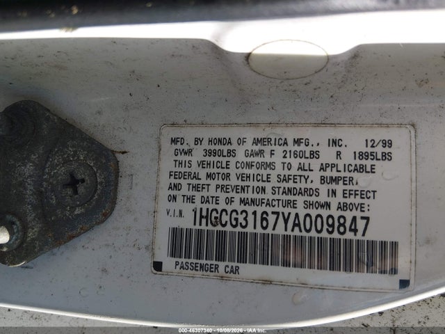 Aukcja sprzedaży 2000 Honda Accord 2.3 Ex, vin: 1HGCG3167YA009847, numer aukcji: 46307340