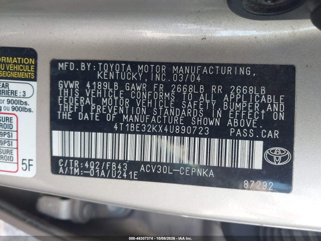 Aukcja sprzedaży 2004 Toyota Camry Le, vin: 4T1BE32KX4U890723, numer aukcji: 46307374