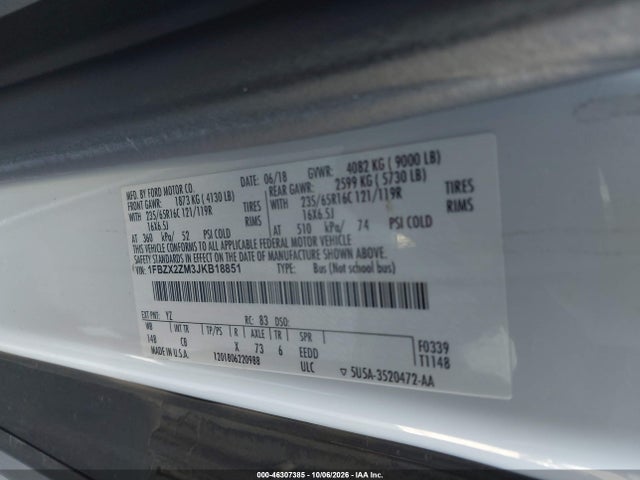 Aukcja sprzedaży 2018 Ford Transit-350 Xl, vin: 1FBZX2ZM3JKB18851, numer aukcji: 46307385