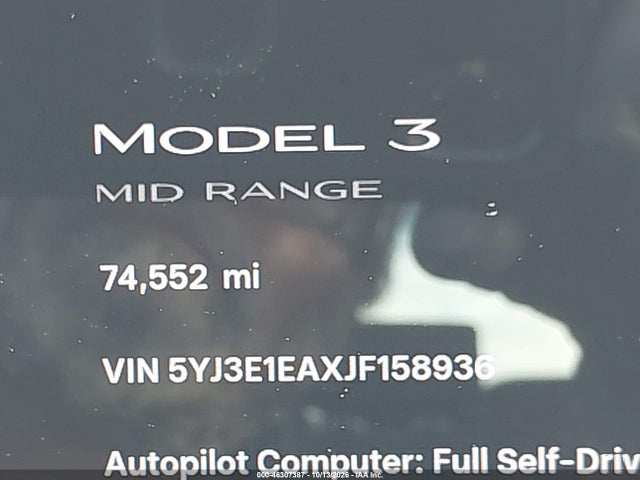 46307387 :رقم المزاد ، 5YJ3E1EAXJF158936 vin ، 2018 Tesla Model 3 Long Range/mid Range مزاد بيع