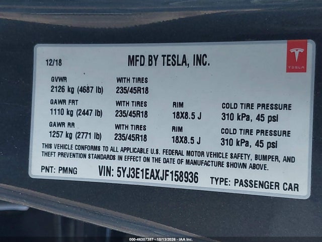 46307387 :رقم المزاد ، 5YJ3E1EAXJF158936 vin ، 2018 Tesla Model 3 Long Range/mid Range مزاد بيع