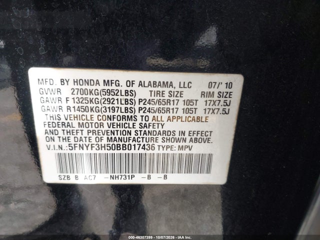 Продаж на аукціоні авто 2011 Honda Pilot Ex-l, vin: 5FNYF3H50BB017436, номер лоту: 46307399