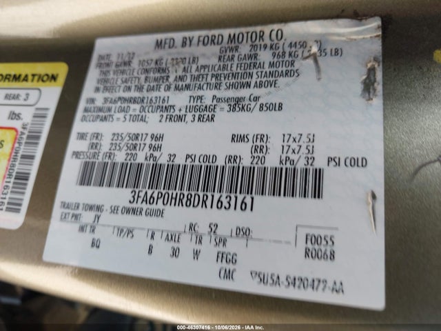 2013 Ford Fusion Se მანქანა იყიდება აუქციონზე, vin: 3FA6P0HR8DR163161, აუქციონის ნომერი: 46307416