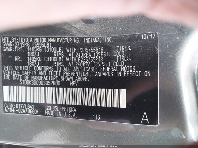 2013 Toyota Sienna Xle 7 Passenger მანქანა იყიდება აუქციონზე, vin: 5TDDK3DC9DS052800, აუქციონის ნომერი: 46307419