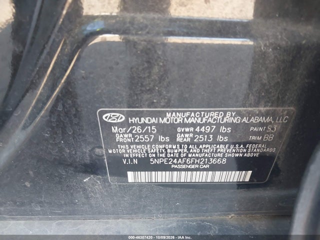 46307420 :رقم المزاد ، 5NPE24AF6FH213668 vin ، 2015 Hyundai Sonata Se مزاد بيع